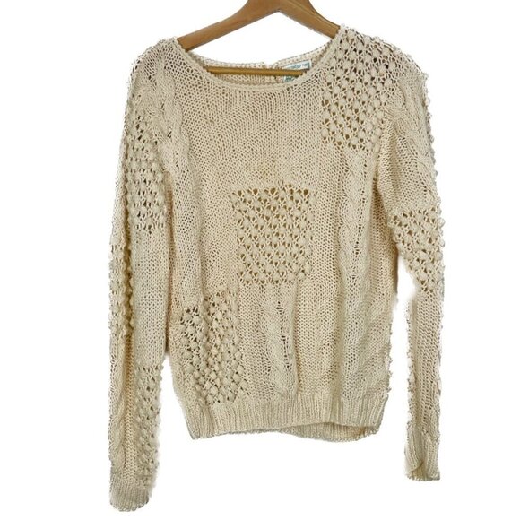 Vintage Sweaters - Vintage Hot Jazz Natural Made Hand Knit Cream knotted Eyelet Sweater Cottagecore